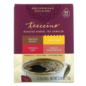 Teeccino, Пробник обжаренного травяного чая, 4 вкуса, без кофеина, 12 чайных пакетиков, 72 г (2,54 унции) - описание