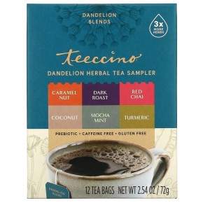 Teeccino, Пробник травяного чая с одуванчиком, 6 вкусов, без кофеина, 12 чайных пакетиков, 72 г (2,54 унции) - описание