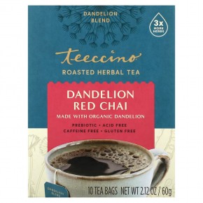 Teeccino, Жареный травяной чай, красный чай с одуванчиком, без кофеина, 10 чайных пакетиков, 60 г (2,12 унции) - описание