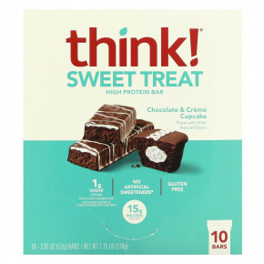 Think !, Батончик с высоким содержанием протеина Sweet Treat, кекс с шоколадом и кремом, 10 батончиков, 57 г (2,01 унции) в Москве - eco-herb.ru | фото