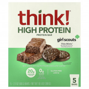 Think !, батончики с высоким содержанием протеина, Thin Mints™, 5 батончиков по 60 г (2,1 унции) - описание | фото