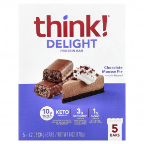 Think !, Delight Protein Bar, протеиновый батончик, шоколадный муссовый торт, 5 шт. по 34 г (1,2 унции) - описание
