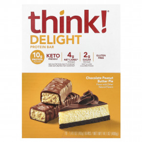 Think !, Delight Protein Bar, шоколадный пирог с арахисовой пастой, 10 батончиков, 40 г (1,41 унции) каждый в Москве - eco-herb.ru | фото