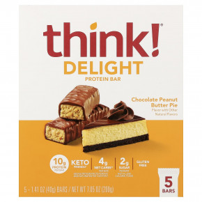 Think !, Delight Protein, протеиновый батончик, шоколадный пирог с арахисовой пастой, 5 шт. по 40 г (1,41 унции) - описание