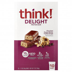 Think !, Delight протеиновый батончик, печенье с шоколадом и арахисовой пастой, 10 батончиков по 34 г (1,2 унции) - описание