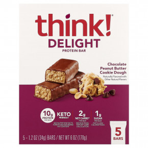 Think !, Delight протеиновый батончик, печенье с шоколадом и арахисовой пастой, 5 шт. по 34 г (1,2 унции) в Москве - eco-herb.ru | фото