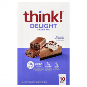 Think !, Delight протеиновый батончик, шоколадный муссовый торт, 10 батончиков по 34 г (1,2 унции) - описание | фото