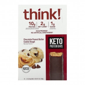 Think !, Keto Protein Bars, шоколадное тесто для печенья с арахисовой пастой, 10 батончиков, 34 г (1,2 унции) каждый в Москве - eco-herb.ru | фото