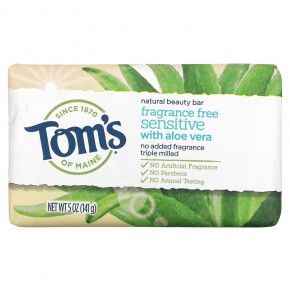 Tom's of Maine, Натуральное мыло для красоты с алоэ вера, без отдушек, для чувствительной кожи, 141 г (5 унций) - описание