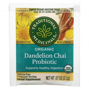 Traditional Medicinals, Organic Dandelion Chai Probiotic, пробиотический чайс одуванчиком, 16 чайных пакетиков, 33,6 г (1,19 унции) в Москве - eco-herb.ru | фото