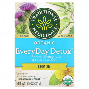 Traditional Medicinals, Organic EveryDay Detox®, со вкусом лимона, без кофеина, 16 упакованных чайных пакетиков, 24 г (0,85 унции) - описание | фото