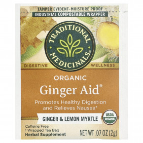 Traditional Medicinals, Organic Ginger Aid®, имбирь и лимонный мирт, без кофеина, 16 чайных пакетиков в упаковке, 32 г (1,13 унции) в Москве - eco-herb.ru | фото