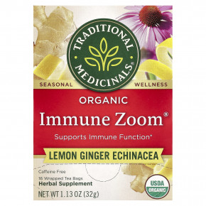 Traditional Medicinals, Organic Immune Zoom®, эхинацея с лимоном и имбирем, без кофеина, 16 чайных пакетиков в упаковке, 32 г (1,13 унции) в Москве - eco-herb.ru | фото