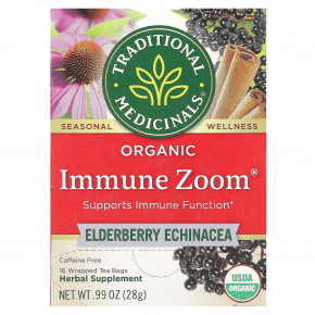 Traditional Medicinals, Organic Immune Zoom, Elderberry Echinacea, Caffeine Free, 16 Wrapped Tea Bags, 0.99 oz (28 g) - описание | фото