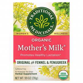 Traditional Medicinals, Organic Mother's Milk®, оригинальный продукт с фенхелем и пажитником, без кофеина, 16 чайных пакетиков в упаковке, 28 г (0,99 унции) - описание | фото