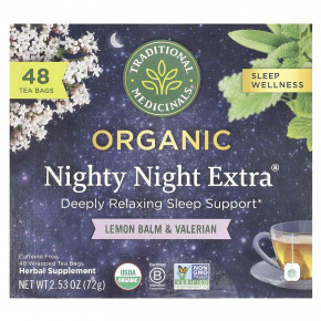 Traditional Medicinals, Organic Nighty Night Extra®, мелисса лекарственная и валериана, без кофеина, 48 чайных пакетиков, 72 г (2,53 унции) - описание | фото