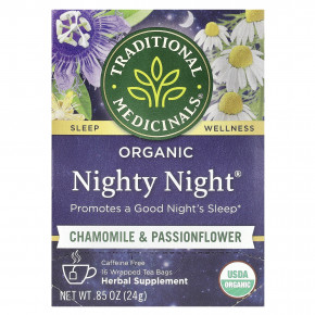 Traditional Medicinals, Organic Nighty Night®, ромашка и пассифлора, без кофеина, 16 чайных пакетиков, 24 г (0,85 унции) - описание | фото