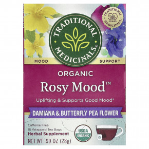 Traditional Medicinals, Organic Rosy Mood ™, дамиана и цветы гороха-бабочки, без кофеина, 16 чайных пакетиков в упаковке, 28 г (0,99 унции) - описание | фото
