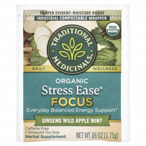 Traditional Medicinals, Organic Stress Ease® Focus, женьшень, дикое яблоко и мята, без кофеина, 16 чайных пакетиков в упаковке, 28 г (0,99 унции) в Москве - eco-herb.ru | фото