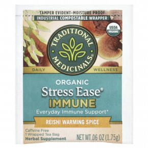 Traditional Medicinals, Organic Stress Ease® Immune, согревающая приправа с грибами рейши, без кофеина, 16 чайных пакетиков в упаковке, 28 г (0,99 унции) в Москве - eco-herb.ru | фото