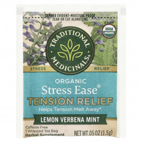 Traditional Medicinals, Organic Stress Ease®, средство для снятия напряжения, лимонная вербена и мята, без кофеина, 16 чайных пакетиков в упаковке, 24 г (0,85 унции) в Москве - eco-herb.ru | фото
