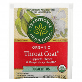 Traditional Medicinals, Organic Throat Cover®, эвкалипт, без кофеина, 16 упакованных чайных пакетиков, 28 г (0,99 унции) в Москве - eco-herb.ru | фото