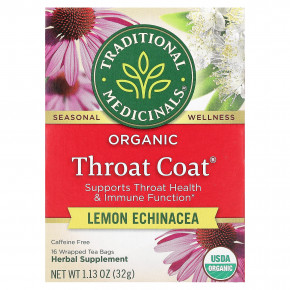 Traditional Medicinals, Organic Throat Cover®, лимон и эхинацея, без кофеина, 16 чайных пакетиков, 32 г (1,13 унции) - описание | фото