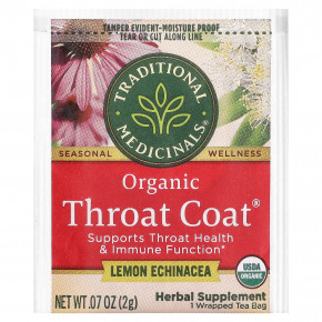 Traditional Medicinals, Organic Throat Cover®, лимон и эхинацея, без кофеина, 16 чайных пакетиков, 32 г (1,13 унции) в Москве - eco-herb.ru | фото