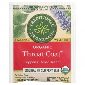 Traditional Medicinals, Organic ThroatCoat®, оригинальный продукт со скользким вязом, без кофеина, 16 запеченных чайных пакетиков, 32 г (1,13 унции) в Москве - eco-herb.ru | фото