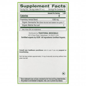 Traditional Medicinals, органический зеленый чай матча с обжаренным рисом, 16 упакованных чайных пакетиков, 24 г (0,85 унции) в Москве - eco-herb.ru | фото