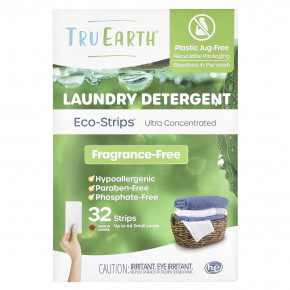 Tru Earth, Eco-Strips®, ультраконцентрированное средство для стирки, без отдушек, 32 полоски - описание | фото