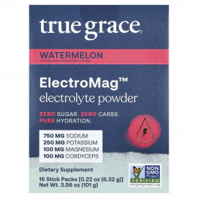 True Grace, ElectroMag™, электролитный порошок, со вкусом арбуза, 16 пакетиков по 6,32 г (0,22 унции) в Москве - eco-herb.ru | фото