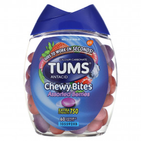 Tums, антацид, жевательные таблетки, ассорти ягод, 750 мг, 60 жевательных таблеток - описание | фото