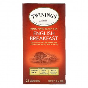 Twinings, 100% чистый черный чай «Английский завтрак», 25 чайных пакетиков, 50 г (1,76 унции) - описание