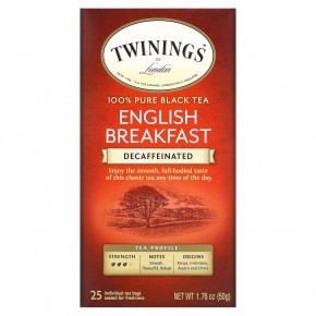 Twinings, 100% чистый черный чай, английский завтрак, без кофеина, 25 чайных пакетиков, 50 г (1,76 унции) - описание