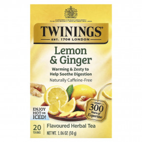 Twinings, Ароматизированный травяной чай, лимон и имбирь, без кофеина, 20 чайных пакетиков, 30 г (1,06 унции) - описание | фото