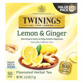 Twinings, Ароматизированный травяной чай, лимон и имбирь, без кофеина, 50 чайных пакетиков, 75 г (2,65 унции) - описание | фото