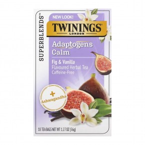 Twinings, Calm, адаптогены, травяной чай со вкусом инжира и ванили, без кофеина, 18 чайных пакетиков, 36 г (1,27 унции) - описание