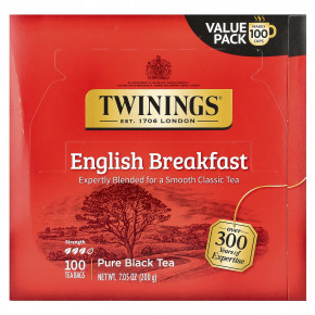 Twinings, Чистый черный чай, английский завтрак, 100 чайных пакетиков, 200 г (7,05 унции) - описание | фото