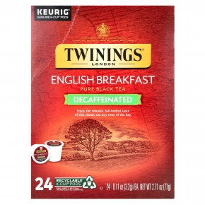 Twinings, Чистый черный чай, английский завтрак, без кофеина, 24 капсулы, по 3,2 г (0,11 унции) - описание | фото