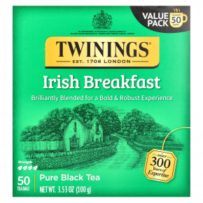 Twinings, Чистый черный чай, ирландский завтрак, 50 чайных пакетиков, 100 г (3,53 унции) - описание