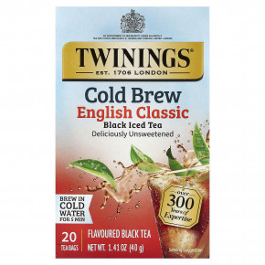 Twinings, холодный холодный чай, черный чай, классический английский, без подсластителей, 20 чайных пакетиков, 40 г (1,41 унции) - описание | фото