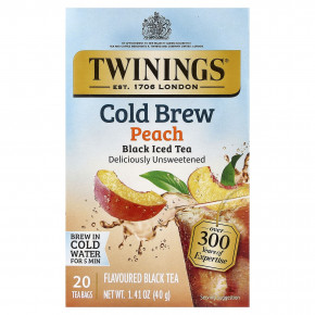 Twinings, холодный холодный чай, черный чай, персик, несладкий, 20 чайных пакетиков, 40 г (1,41 унции) - описание