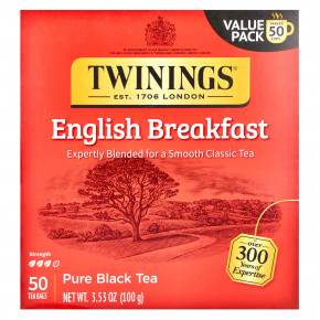 Twinings, Pure Black Tea, English Breakfast, 50 чайных пакетиков, 100 г (3,53 унции) - описание