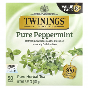 Twinings, Pure Herbal Tea, чистая перечная мята, без кофеина, 50 чайных пакетиков, 100 г (3,53 унции) - описание | фото