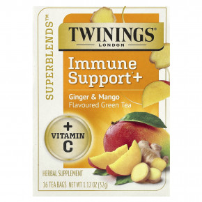Twinings, Superblends ™, поддержка иммунитета и зеленый чай, имбирь и манго, 16 чайных пакетиков, 32 г (1,12 унции) - описание