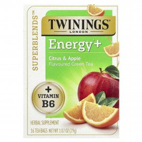 Twinings, Superblends, Energy с витамином B6, зеленый чай с цитрусовыми и яблоками, 16 чайных пакетиков, 29 г (1,02 унции) в Москве - eco-herb.ru | фото