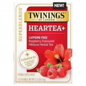 Twinings, Superblends, Heartea с витамином B1, малина, травяной чай из гибискуса, без кофеина, 16 чайных пакетиков, 32 г (1,12 унции) в Москве - eco-herb.ru | фото