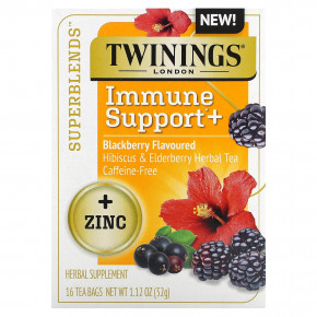 Twinings, Superblends, Immune Support, травяной чай из гибискуса и бузины, ежевика, без кофеина, 16 чайных пакетиков, 32 г (1,12 унции) - описание