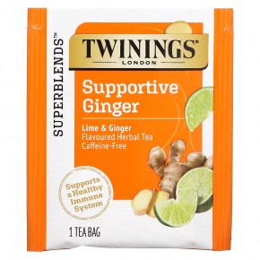 Twinings, Support, травяной чай из белого гибискуса, лайм и имбирь, без кофеина, 18 чайных пакетиков, 27 г (0,95 унции) в Москве - eco-herb.ru | фото